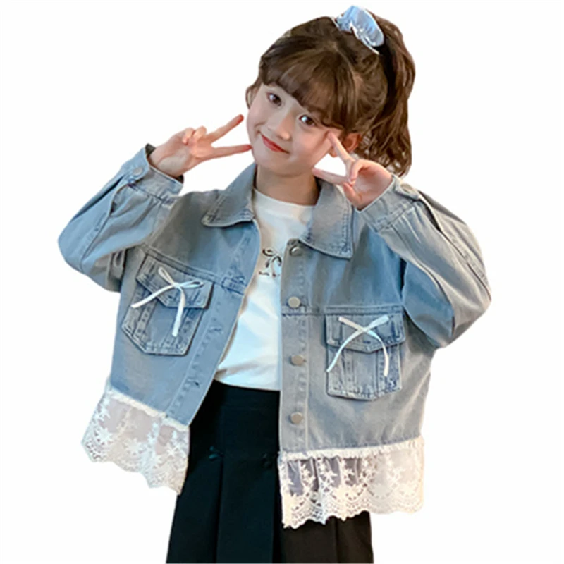 

New Fashion Kids Girl Cool Denim Jacket with Lace Bottoms Teens Child Street Style Jeans Coat Autumn Outfit Age 5 7 9 11 13 14 Y