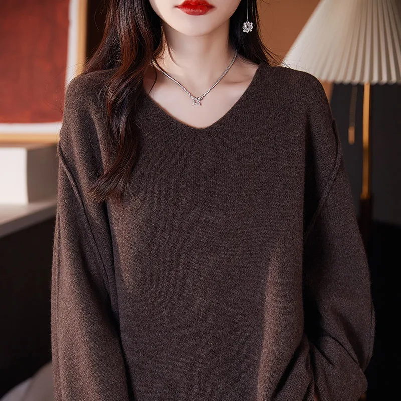 V-neck 100% wool sweater women's autumn and winter long sleeved knitted sweater loose and lazy style plus size cashmere sweater