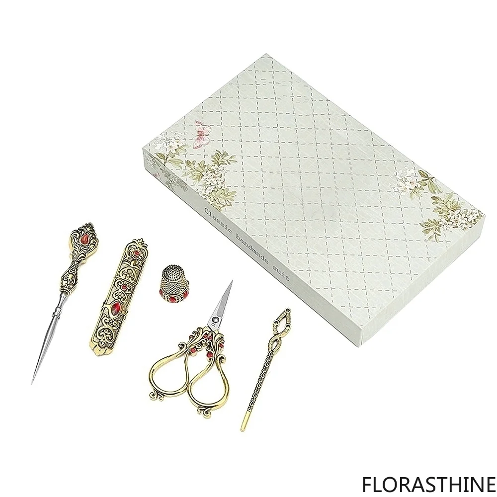 5PCS /Set Vintage European Style Tailor Sewing Scissors Kit Embroidery Thimble Needlework Thread Scissor for Sewing Shears