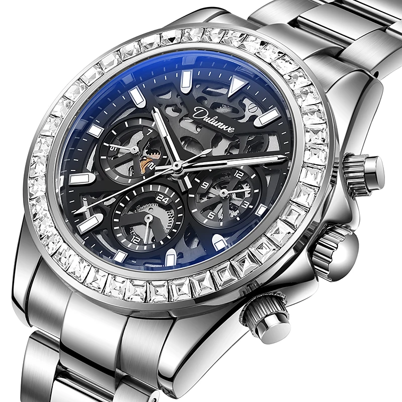 Dulunwe Luxury Golden Men Mechanical Watch Diamond Bezel Hollow Skeleton Dial Sport Steel Band Male Wrist Watch