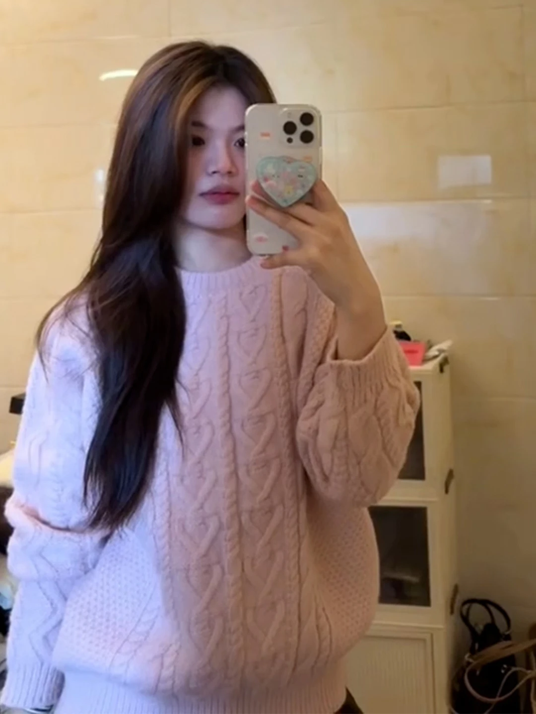 

Soft Style Pink Twisted Knit Sweater Women's Autumn Winter round Neck Overhead Cotton Blend Long Sleeve Warm Casual Top