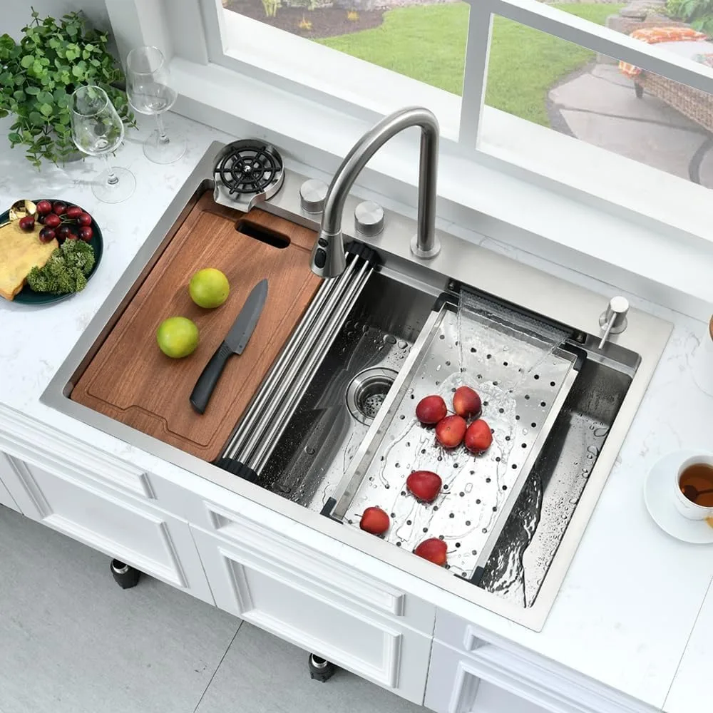 33 inch waterfall drop in kitchen sink with fuacet combo- 33x22 waterfall kitchen sink with cup washer stainess steel top mount