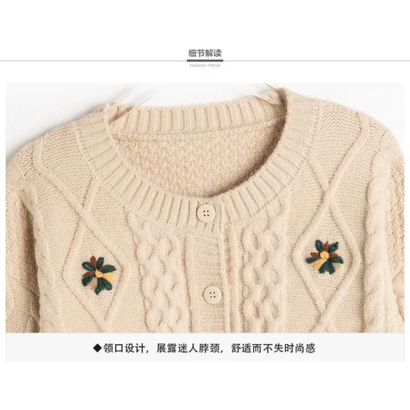 Chaqueta de suéter bordada para mujer, cárdigan corto de punto suelto, cuello redondo, hilo Floral, Top de manga larga