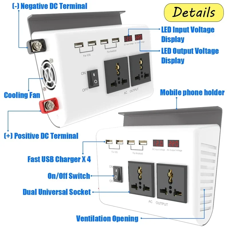 Imagem -06 - Inversor de Exibição Dupla Lcd Inteligente Usb Conversor de Carro de Carregamento Rápido Inversor de Energia de Onda Senoidal Modificada 12v a 110v 220v 300w