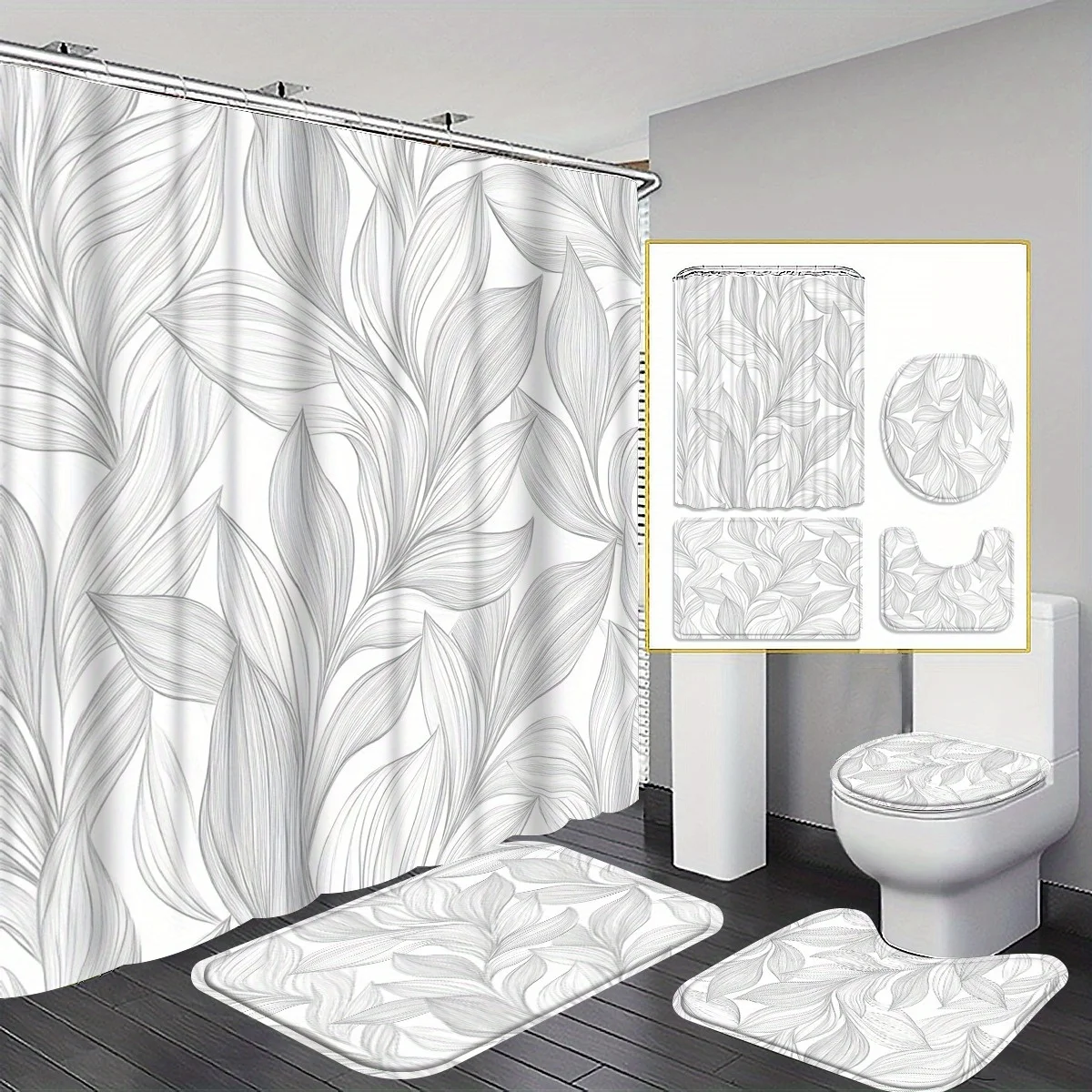 

4pc black and white leaf bathroom set, including shower curtain with hooks, non-slip mat, U-shaped mat, and toilet seat cover