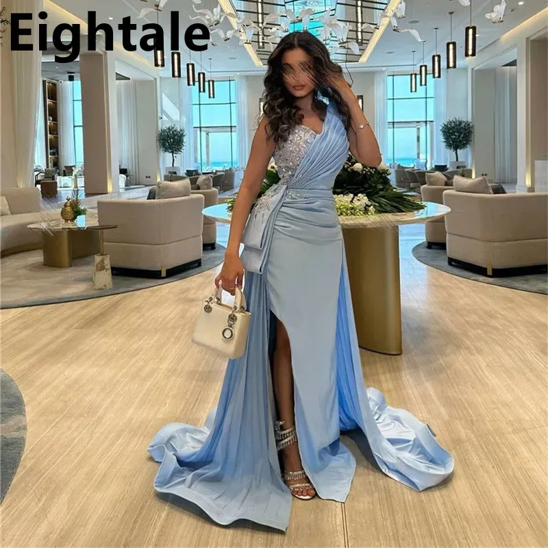 

Eightale 2023 Sky Blue Mermaid Satin Prom Dress Sexy Slit Evening Dress One Shoulder Women Formal Party Gown Robes De Soirée