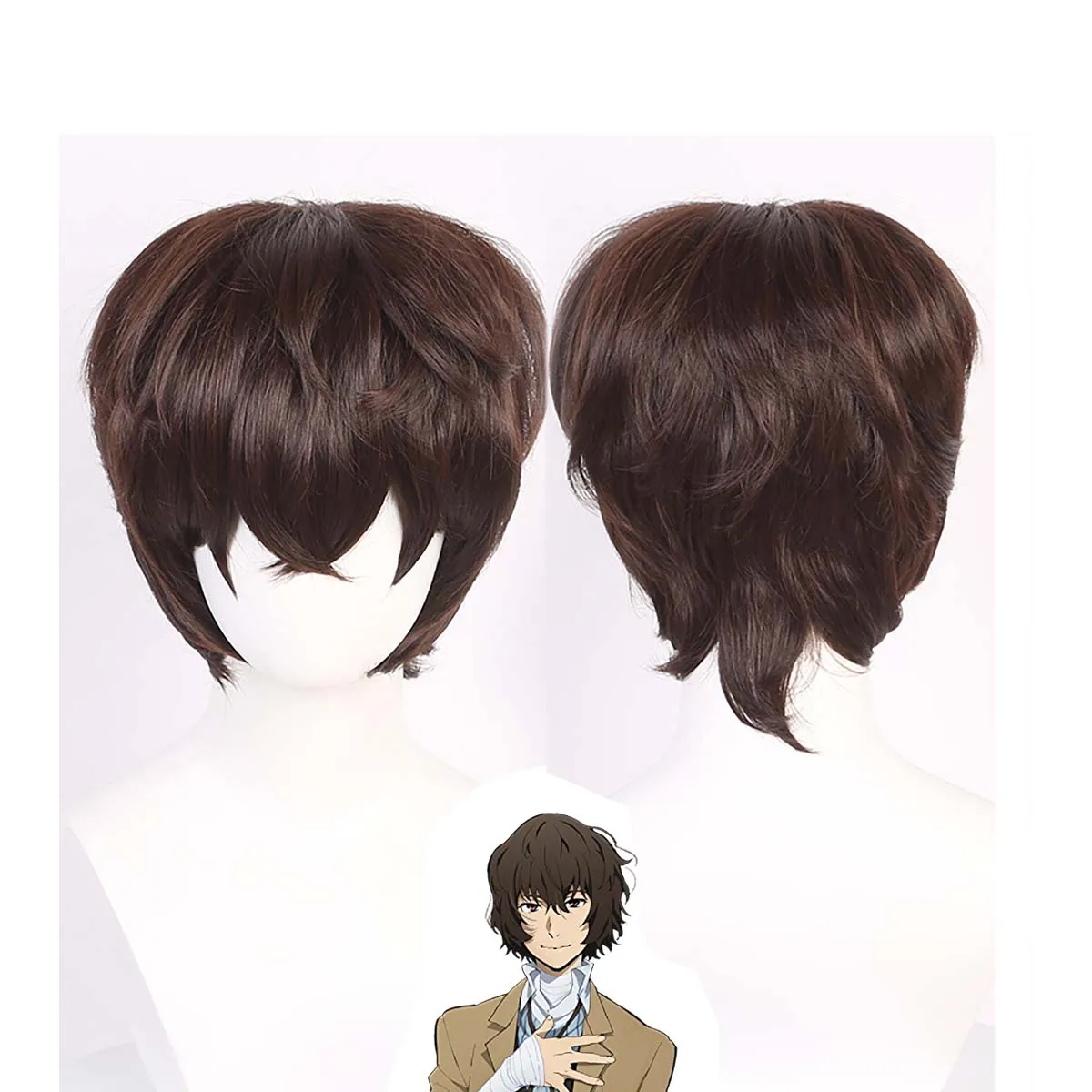 Halloween Party Men Anime Dazai Osamu Brown Curly Synthetic Heat Resistant Hair Wig