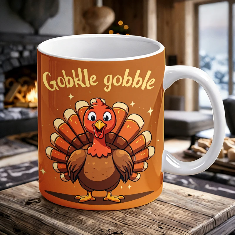 

'Gobble Gobble'Turkey Handle Ceramic Mug, Full Print Pattern Coffee Cup, Insulated Milk Cup, Water Cup for Office,Fade-Resistant