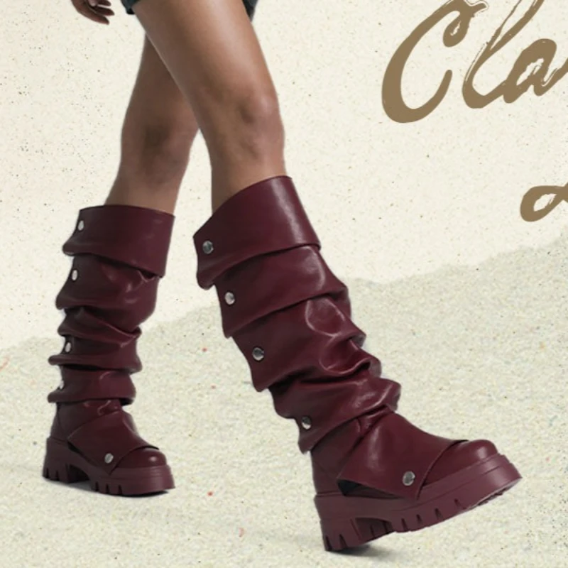 Botas Altas hasta la Rodilla con Pliegues y Suela Gruesa de Esponja, Estilo Punk Europeo y Americano, para Mujer, Pantalones Casuales, Botas hasta la Pierna