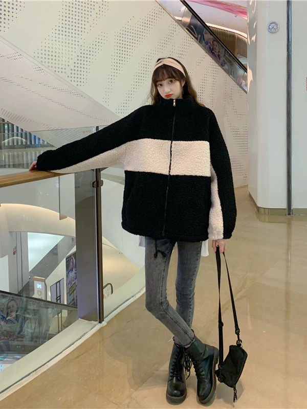 Loose Fleece Lined Thickened Long Sleeve Open Cardigan Outerwear Autumn Winter Korean Style Patchwork Design Relaxing Top