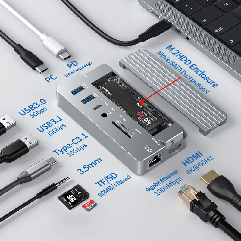 External USB3.1 Gen2 10Gbps Type C SSD Enclosure Adapter Docking Station for 8TB 2230 2242 2260 2280mm SSD Desktop