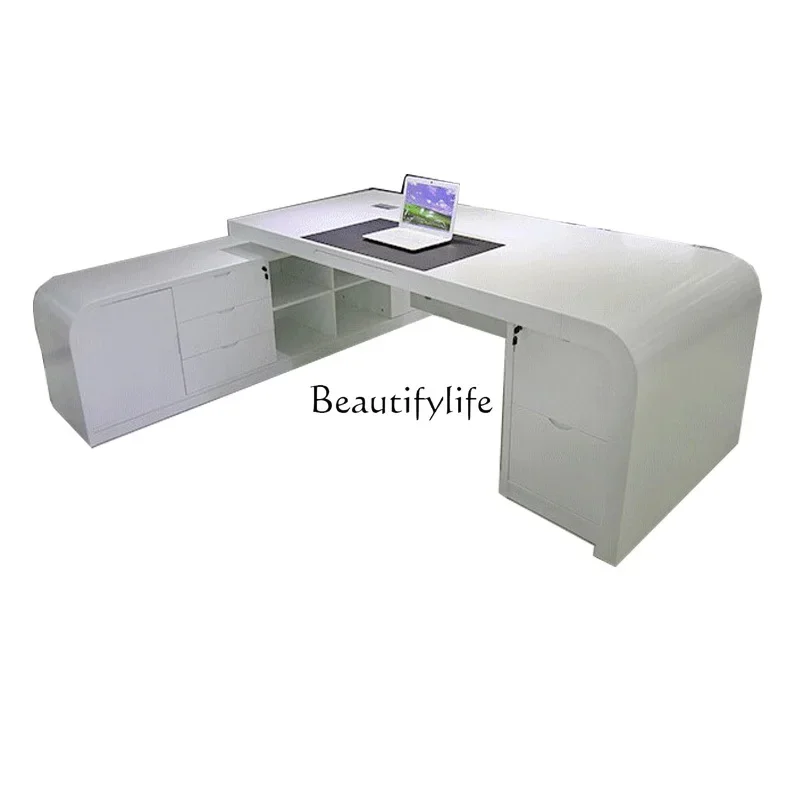

LJYWhite paint boss desk modern simple general manager desk light luxury cabinet combination