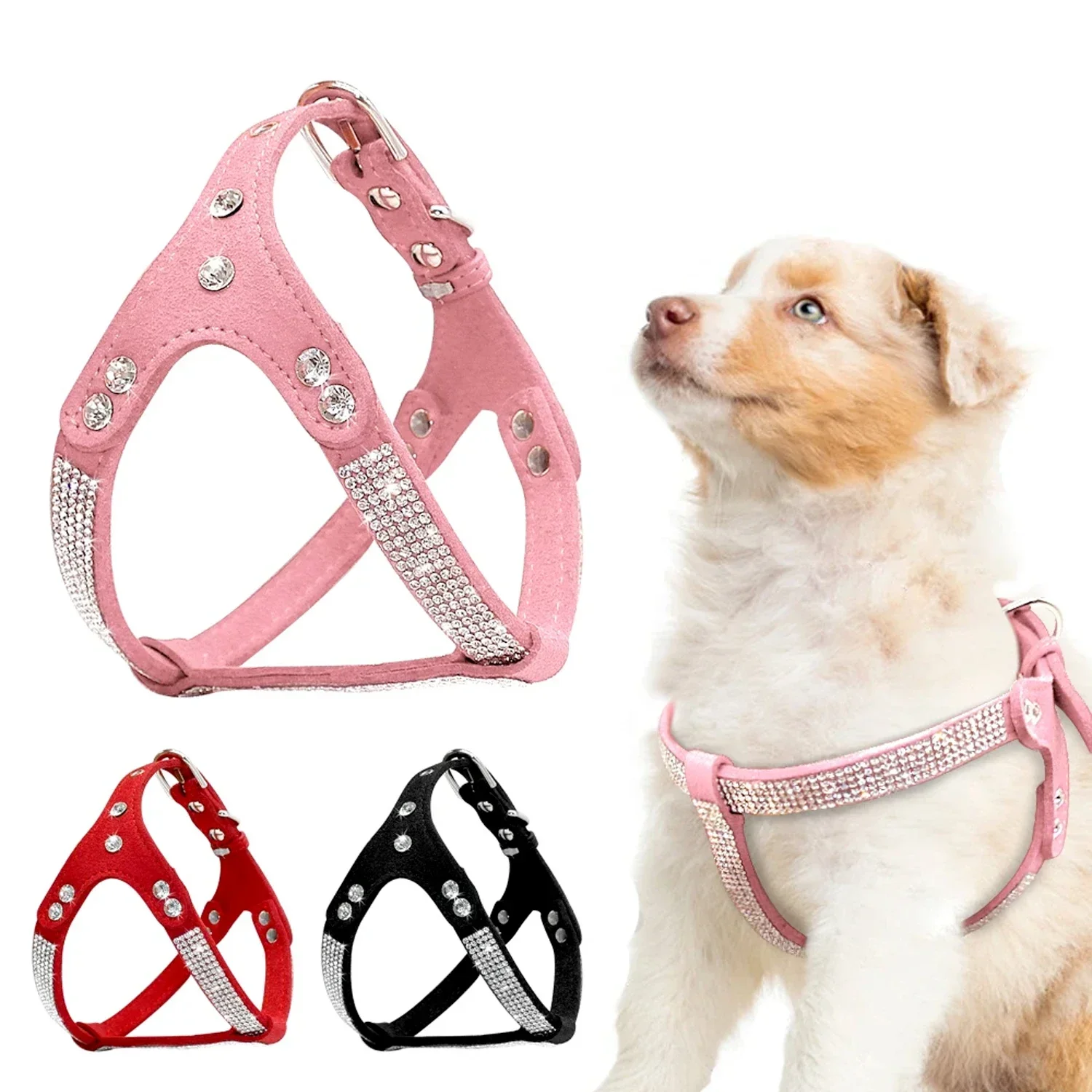 

Soft Suede Leather Puppy Dog Harness Rhinestone Pet Cat Vest Mascotas Cachorro Harnesses For Small Medium Dogs Chihuahua Pink