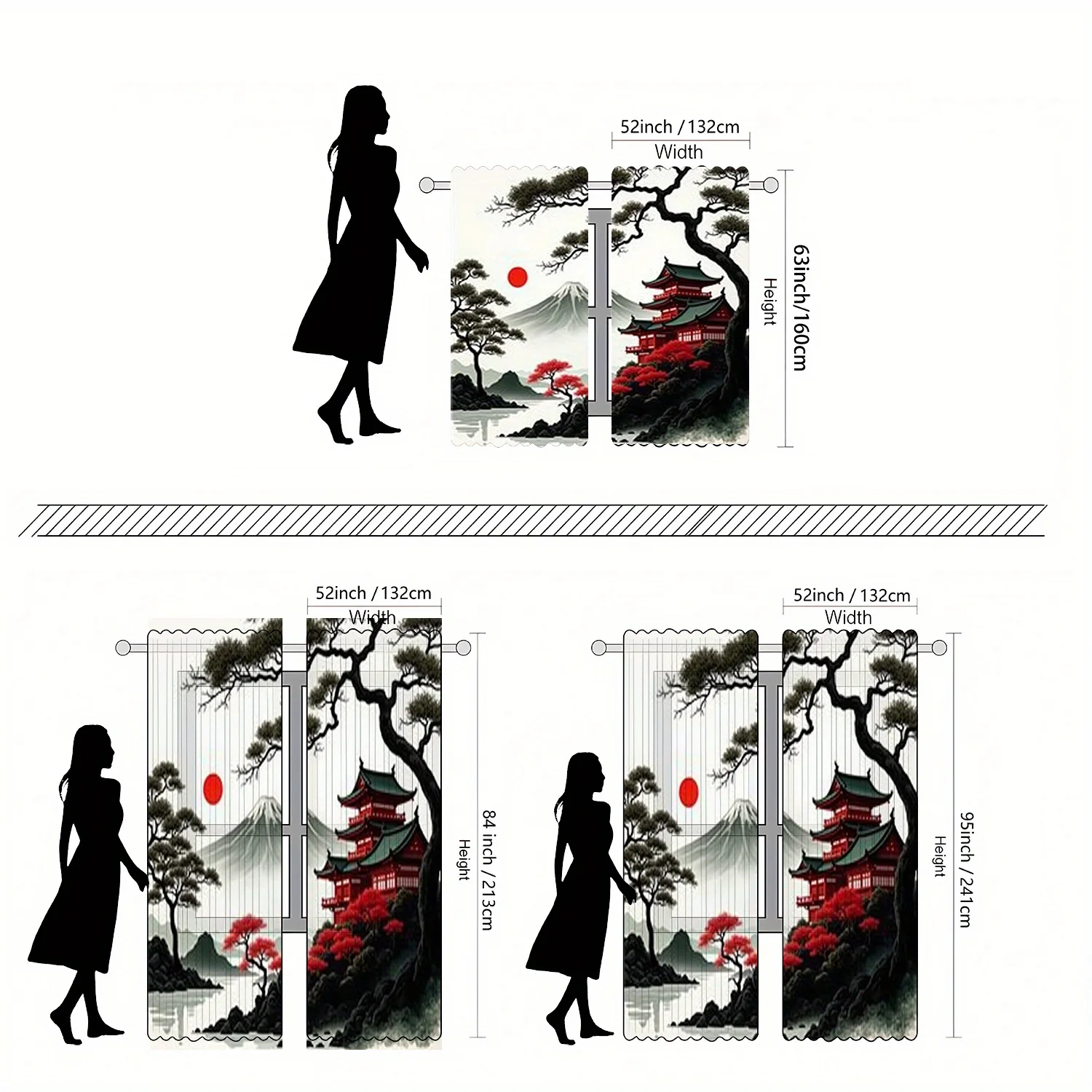2pc Fuji & Sakura Curtains – Red Maple Print, Sheer Rod Pocket for Living Room, Bedroom & Study