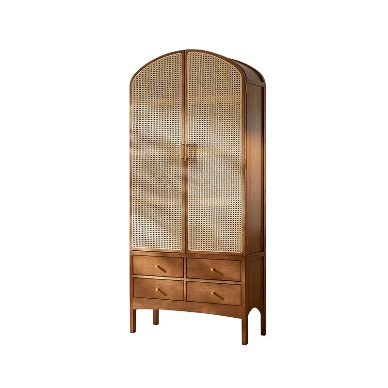 Retro solid wood rattan locker housekeeping cabinet B & B high cabinet wabi-sabi wind bookcase display decorative storage