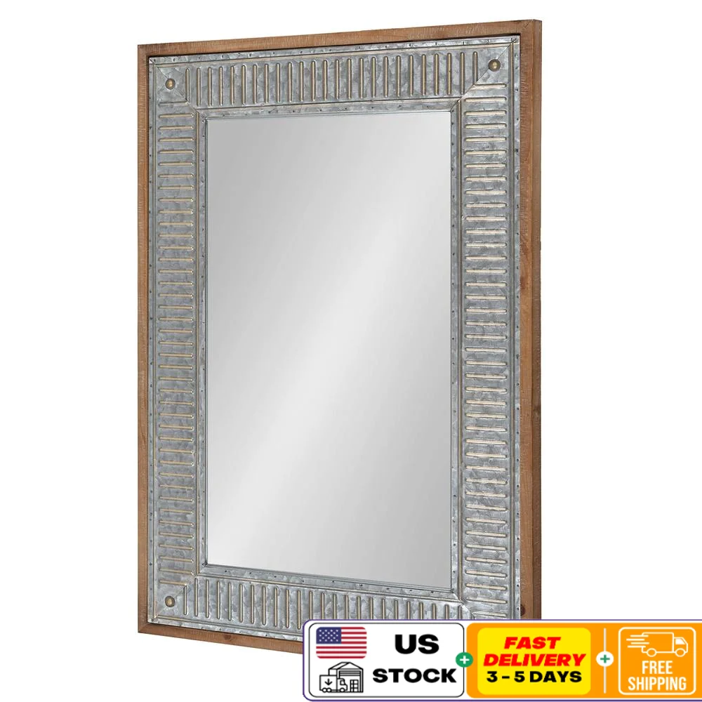 Rustic Brown Wall Mirror Galvanized Metal Frame Wooden Exterior Large Size Functional Design