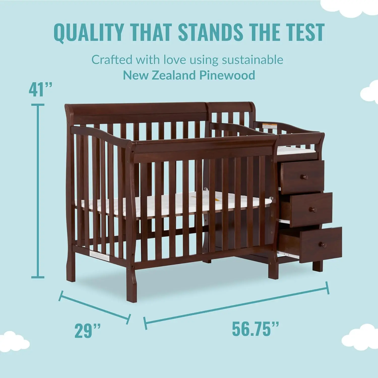 Jayden Mini culla convertibile 4 in 1 e cambio in Espresso, certificato Greenguard oro, finitura Non tossica, legno di pino della nuova zelanda,