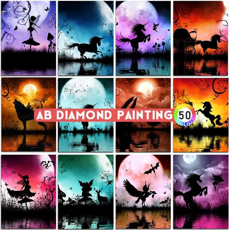 AB Diamond Painting Fantasy Unicorn Elf Embroidery Cross Stitch DIY Moon Landscape Mosaic Wall Stickers Home Decor