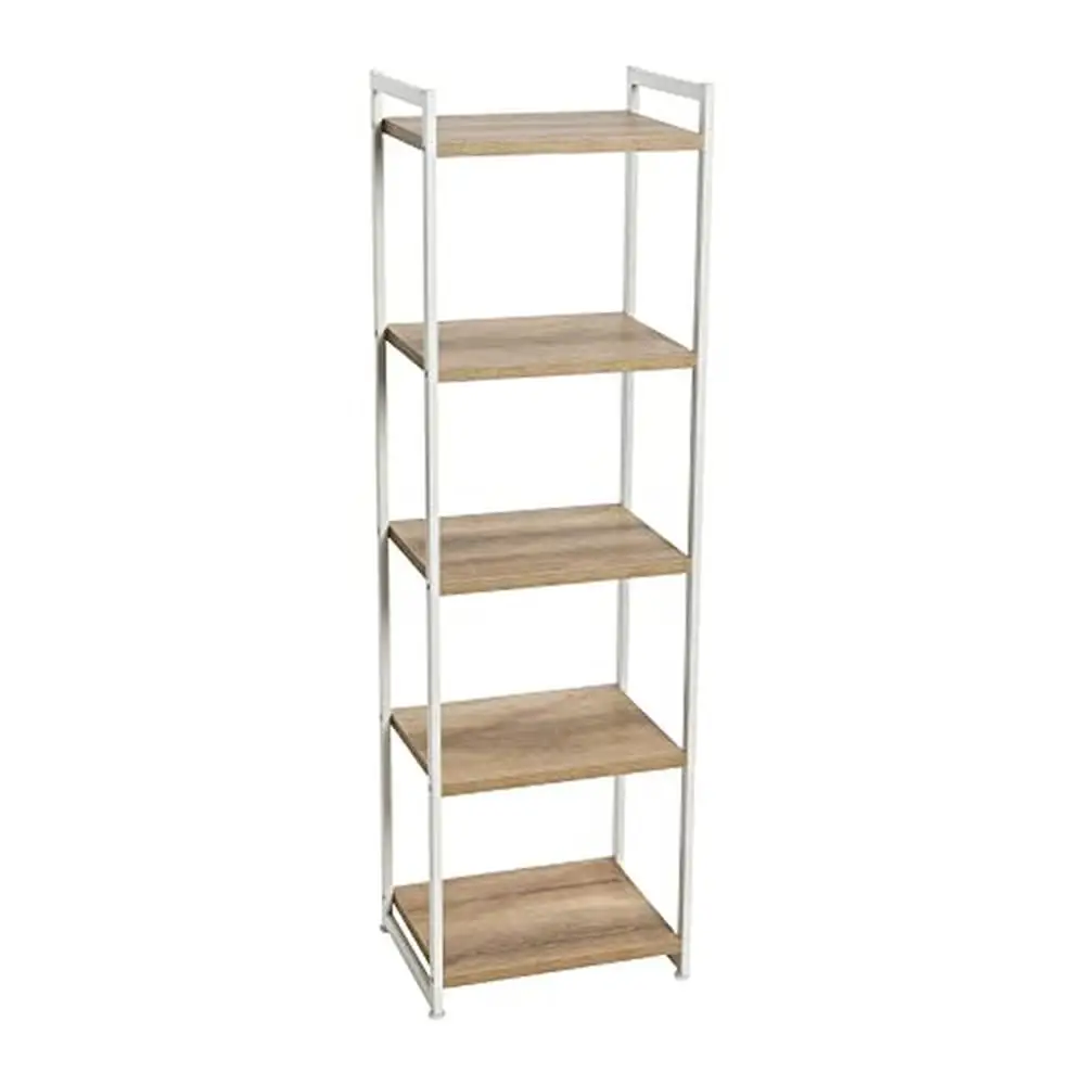 Coastal Oak 5-Tier Narrow Bookshelf Metal Frame Storage Display Organizer