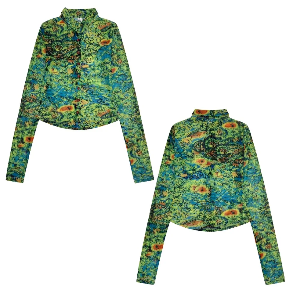 Foreign trade original abstract art retro green print slim fit long sleeved semi transparent mesh shirt for women