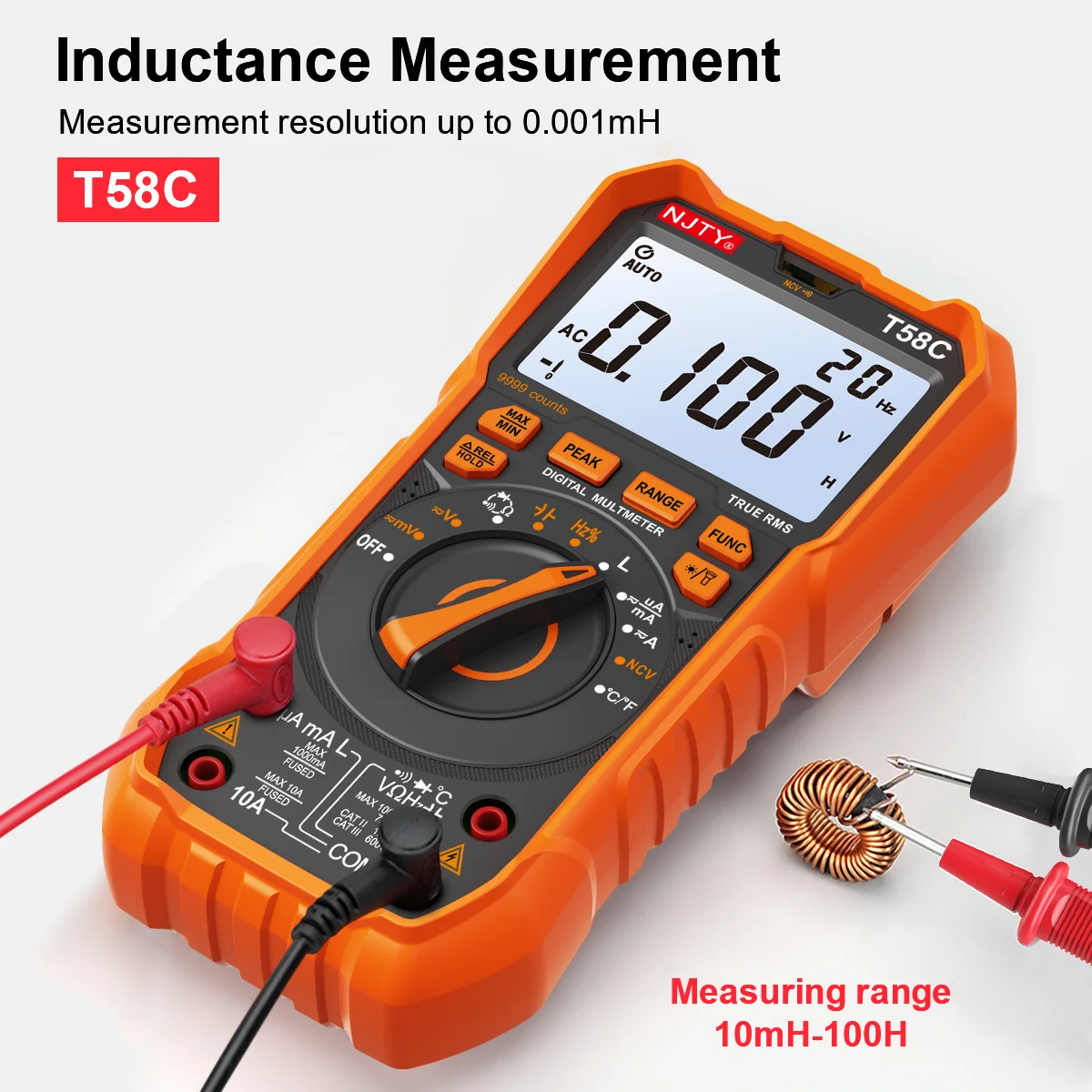 NJTY T58C Inductance Digital Multimeter AUTO Range 9999 Counts AC/DC Voltage Current Capacitance LED Smart Backlit Large Screen