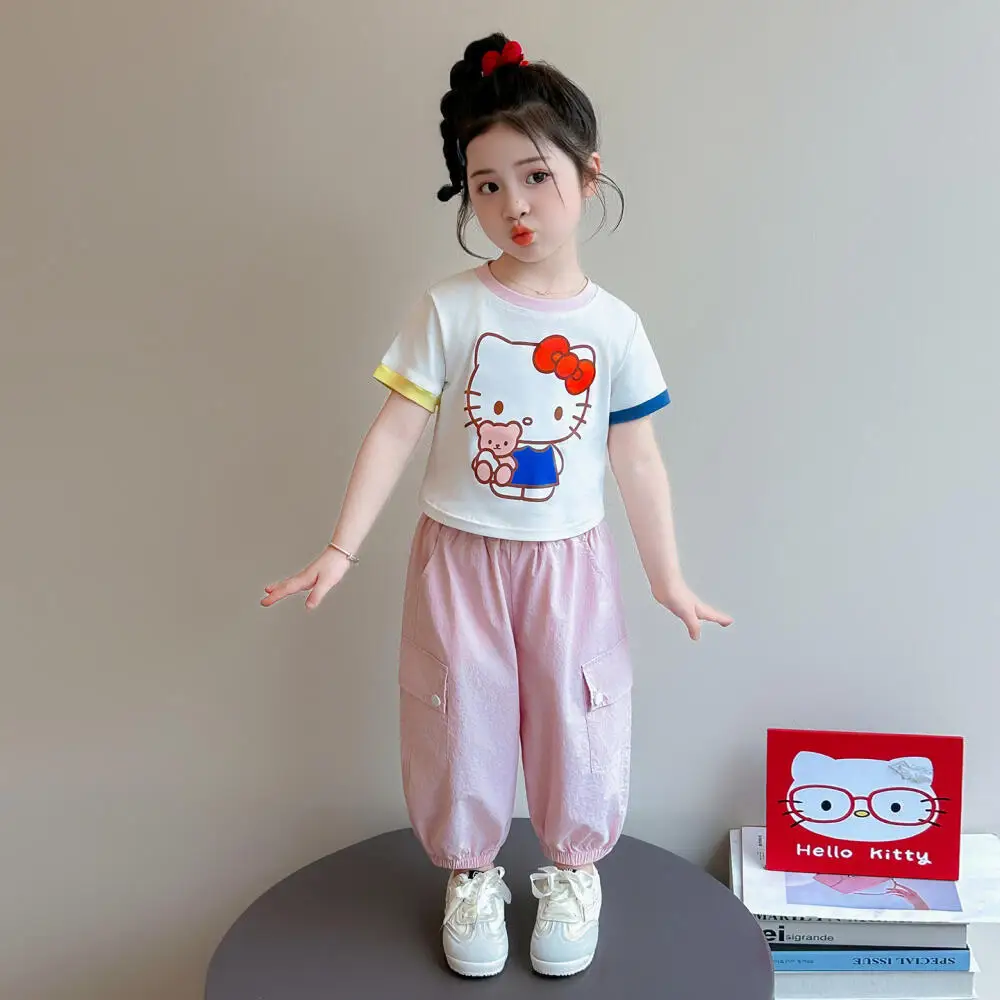 Sanrio Hello Kitty Girls Summer Short Sleeve Suit 2026 New Children's Cartoon overalls Pants 2PC Set Fashionable Clothes kawaii