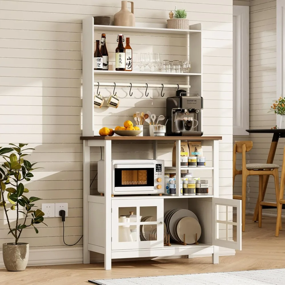 Farmhouse Bakers Rack with Power Outlets and Storage, Coffee Bar Cabinet with Storage, Microwave Stand Kitchen Cabinet