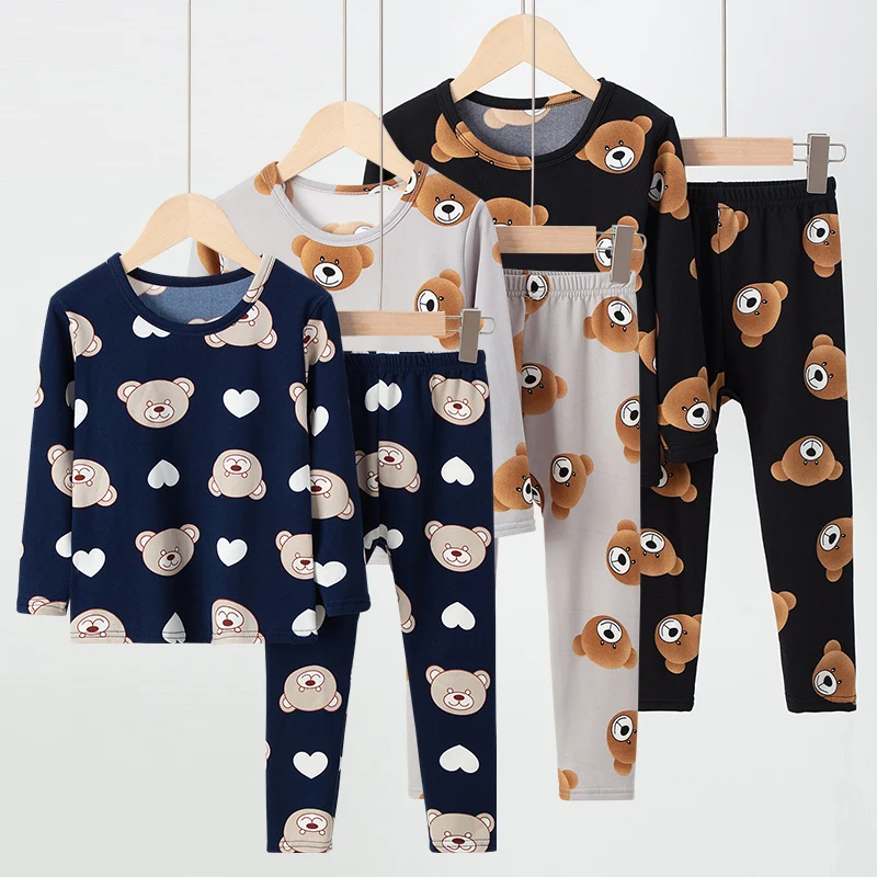 Children's Warm Set Spring/Autumn Cute Bear Printed Multi Color Long Sleeved Pants For Boys/Girls Casual Daily Comfortable Home