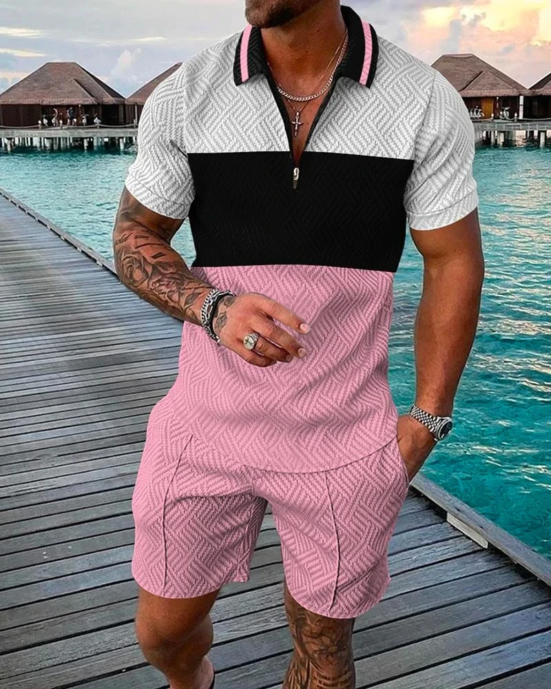 Fato de treino casual impresso em 3D masculino, conjunto de roupas esportivas, camiseta de manga curta, polo de lapela, roupas masculinas, jogging,