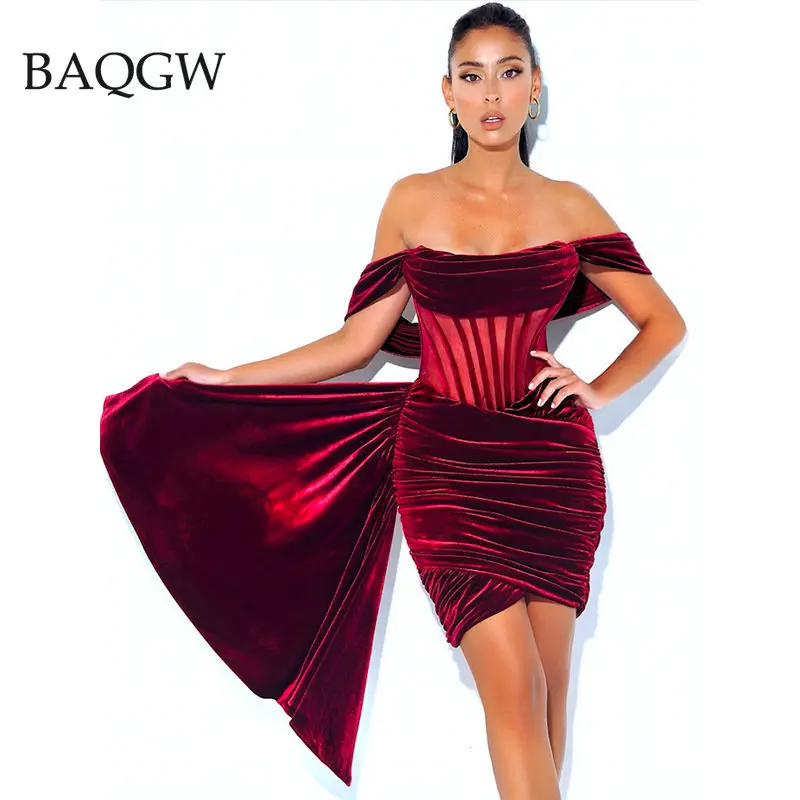 Burgundy Draping Off Shoulder Corset Dress Sexy Velvet Slim Bodycon Mini Dress Women Short Sleeve Evening Dresses with Gloves