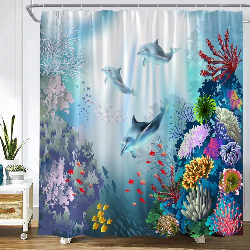 Ocean Animals Shower Curtains Sea Turtle Coral Fish Underwater Scenery Children Bath Curtain Polyester Bathroom Decor with Hooks