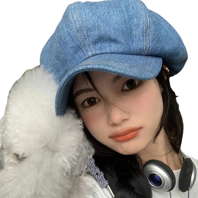 Korean New Denim Beret Women Spring and Autumn Retro Big Head Circumference Cloud Hat Fashion Casual Octagonal Painter Cap