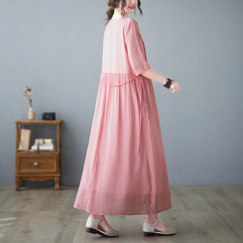 여름용 대형 사이즈 이중 레이어 면 린넨 오부 드레스 루즈핏 슬리밍 벨트 허리 롱 드레스 트렌디 버튼업 A라인...