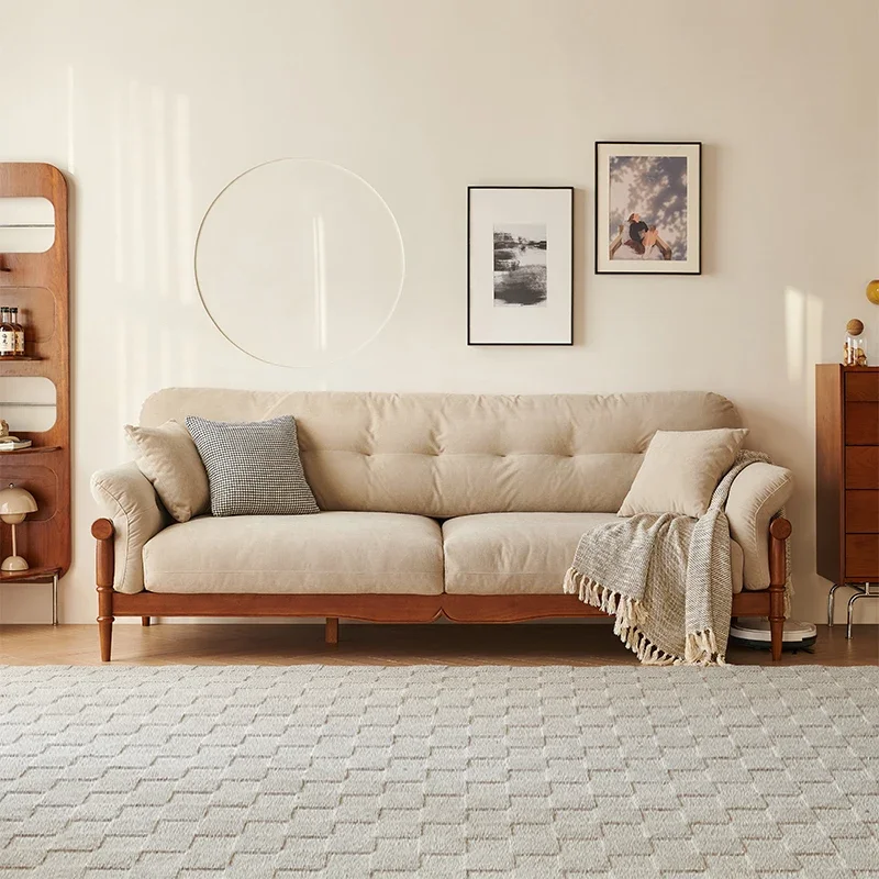 Solid wood sofa, vintage fabric, cloud, three small apartments, American style, French style wooden, cream colored inline sofa