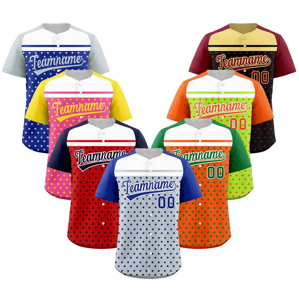 

Custom Short Sleeve Baseball Jersey with Tri Color Panel and All Over Star Print for Adults and Youth Team Uniform