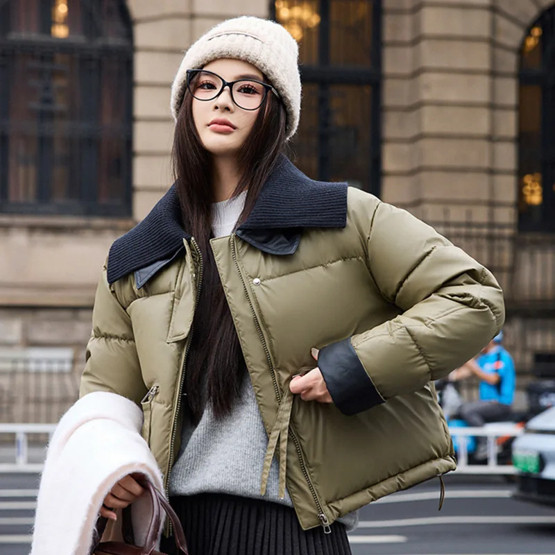 

Зимняя новая мода 2025 года, женские контрастные цвета, повседневные модные простые базовые свободные стеганые пальто с отложным воротником и длинными рукавами, топы