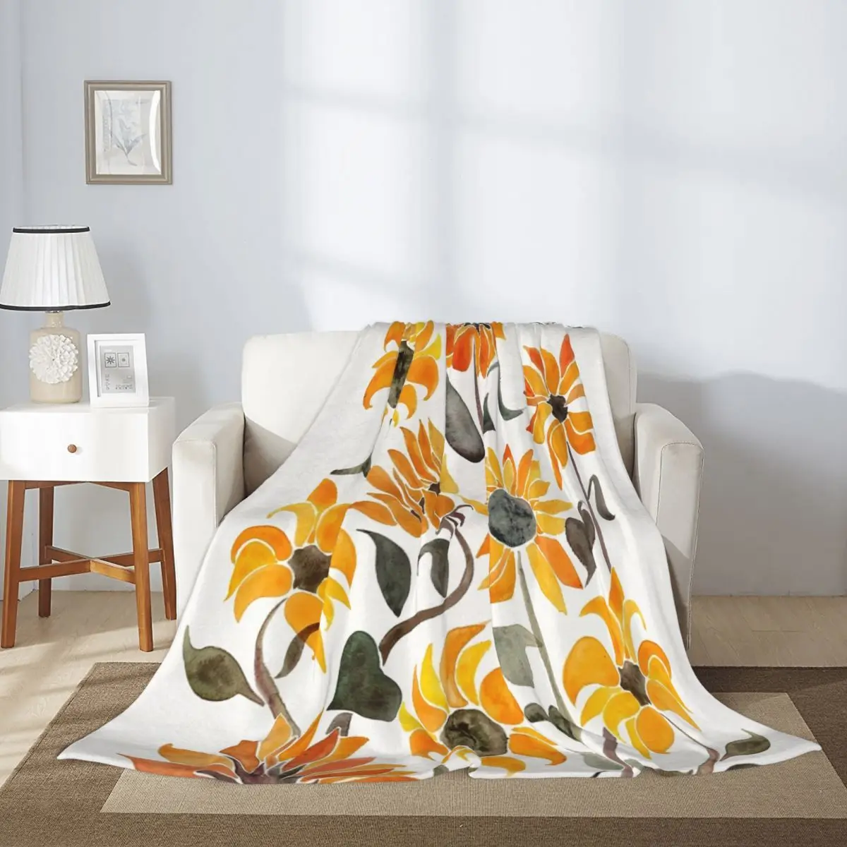 

Soft and Cozy Throw Blanket for Sofa or Bed Sunflower Watercolor Design in Yellow and Black