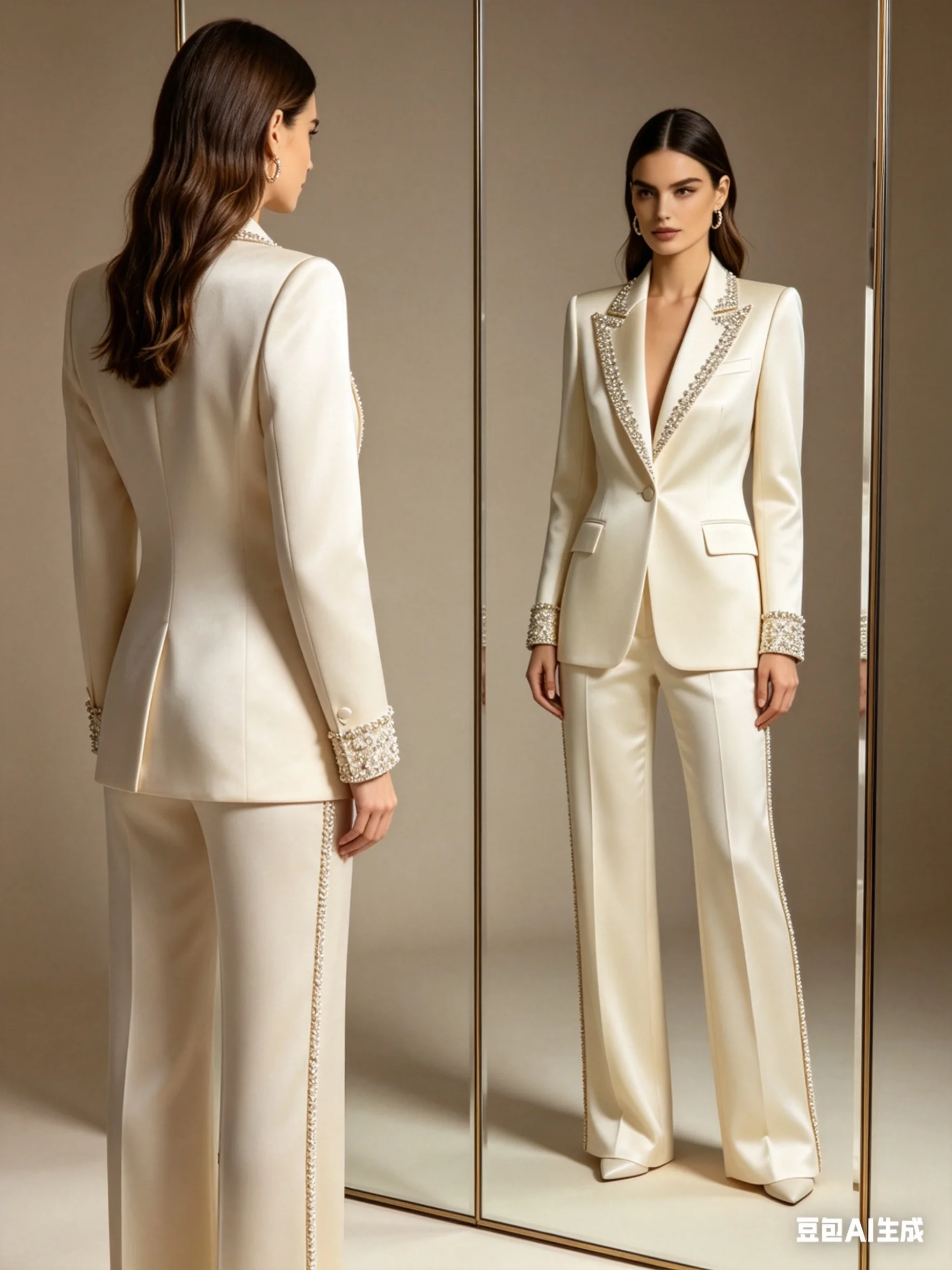 

Beige Crystals Stone Women Suit Set 2 Pcs Blazer Pants Trousers Formal Office Jacket Customized Wedding Tuxedo Guest Coat