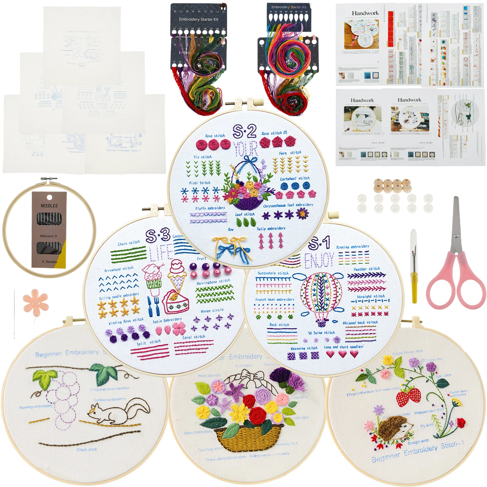 3Sets Embroidery Starter Kit for Beginners Adults Colorful Patterns Embroidery Stitch Ergonomic Embroidery Stitch Practice Kit