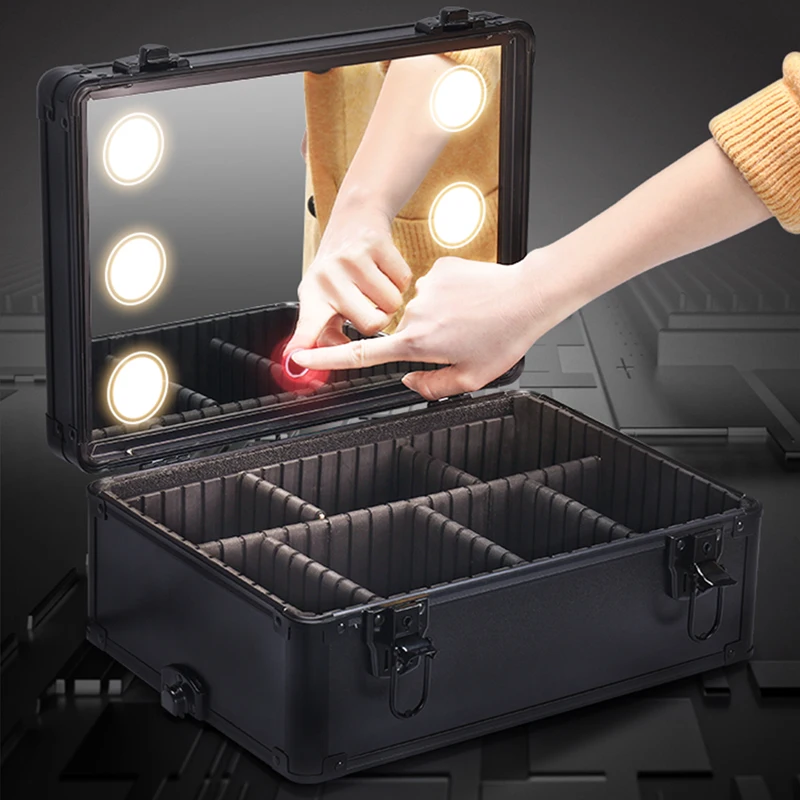 Professional Metal Makeup Case USB Powered LED Lights,3 Trays, Durable Cosmetic Train Table with Rolling Wheels and Mirror