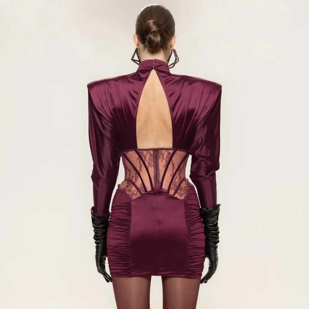 Sexy bordeaux bodycon mini-jurk hoge hals gelaagde ruches gelaagde kant mesh taille uitgesneden rug cocktailparty clubkleding jassen