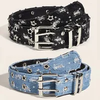 2026New Fashion Luxury Belt Black Punk Accessories Blue Denim Girdle HipHop Y2k Star Hollowed Pin Buckle Waistband，For Men Women