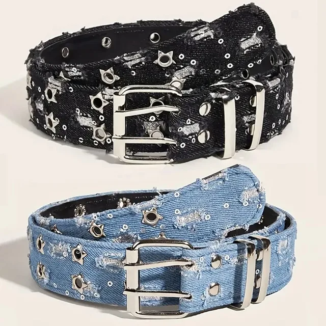 2026New Fashion Luxury Belt Black Punk Accessories Blue Denim Girdle HipHop Y2k Star Hollowed Pin Buckle Waistband，For Men Women