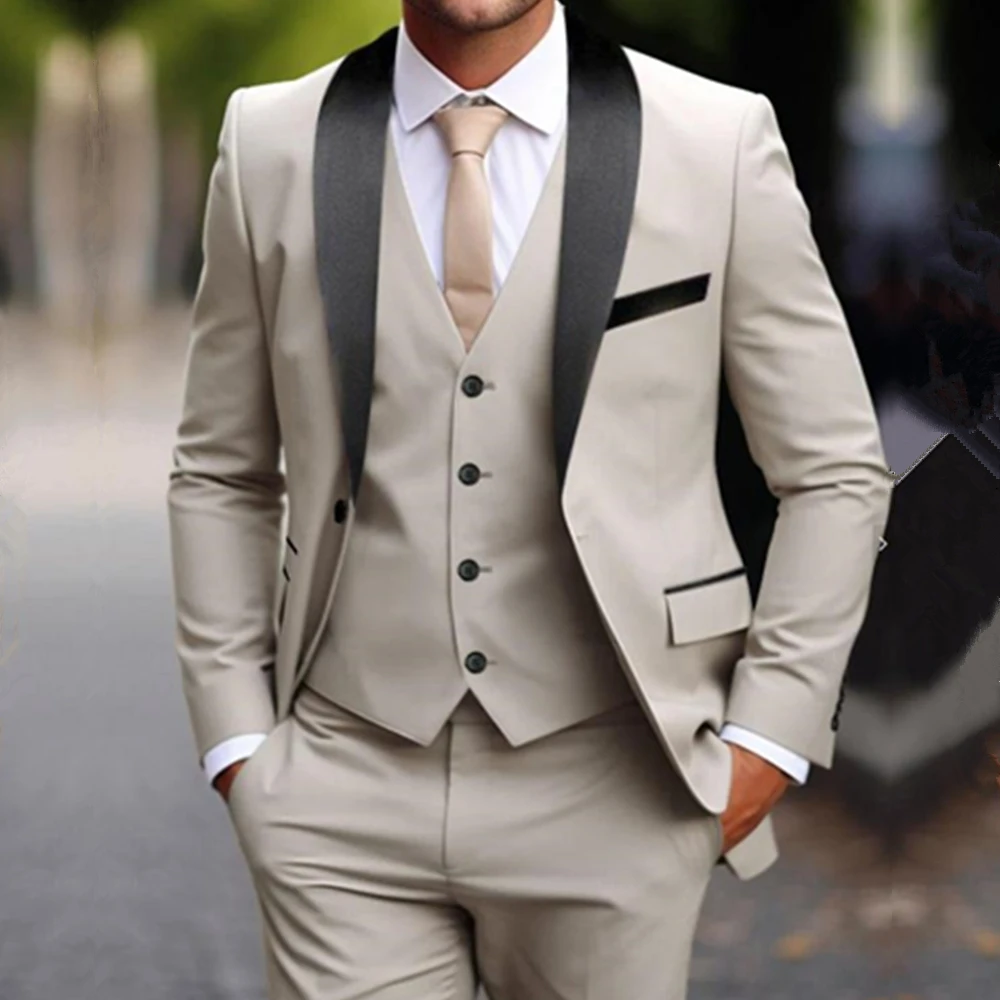 

2024 Fashion New Men Boutique Business Slim Wedding Stretch Fabric Double Slit Suit Blazers Jacket Pants Trousers Vest 3 Pcs Set