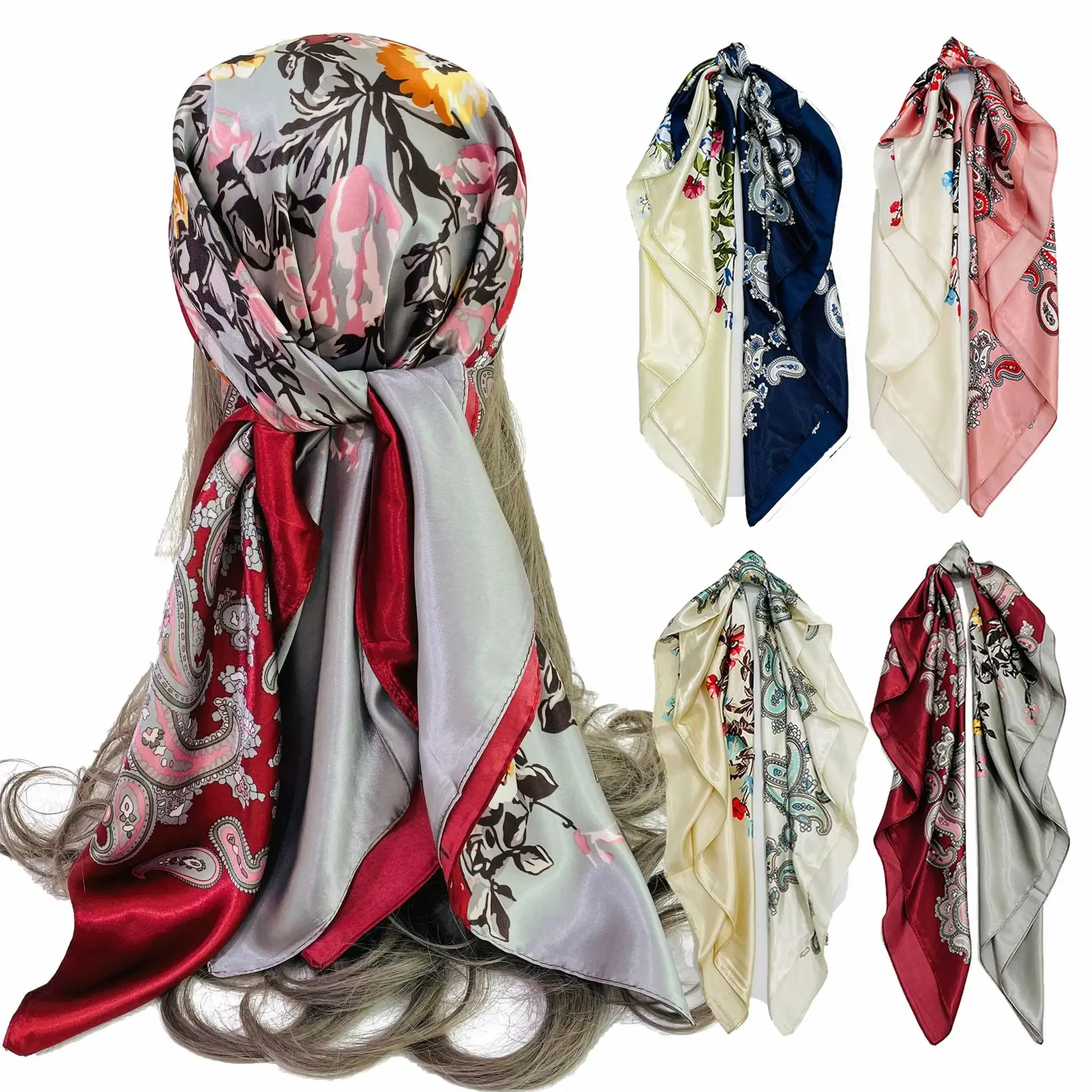 Bufanda de seda sintética para mujer, chal cuadrado grande, Hijab, Bandana informal, flor de anacardo de satén, 90cm