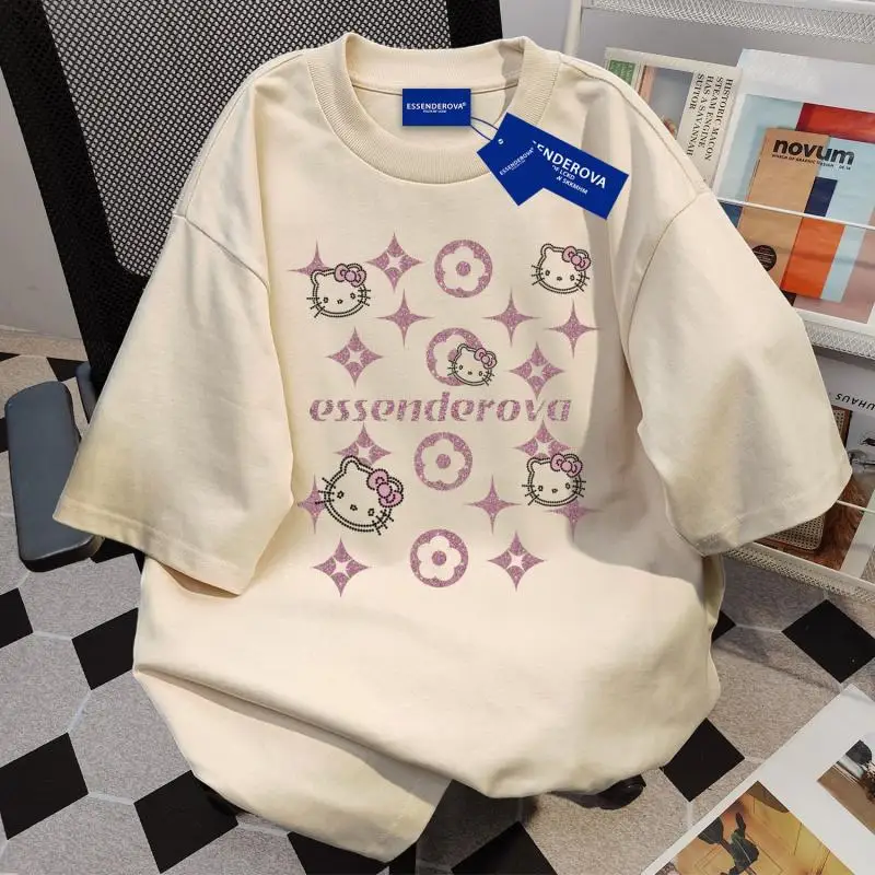Hot Summer Cartoon Hello Kitty Trend Women Tshirt Cute Japanese Letter Printing Breathable Personality Round Neck Top T Shirt