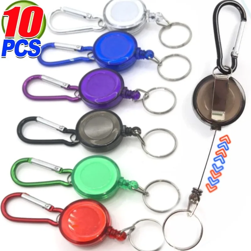 1/10pcs Retractable Steel Cord Pull Reel Keychains Buckle Clasp Wire Rope Key Ring Recoil ID Card Holder Sporty Multiple Tools