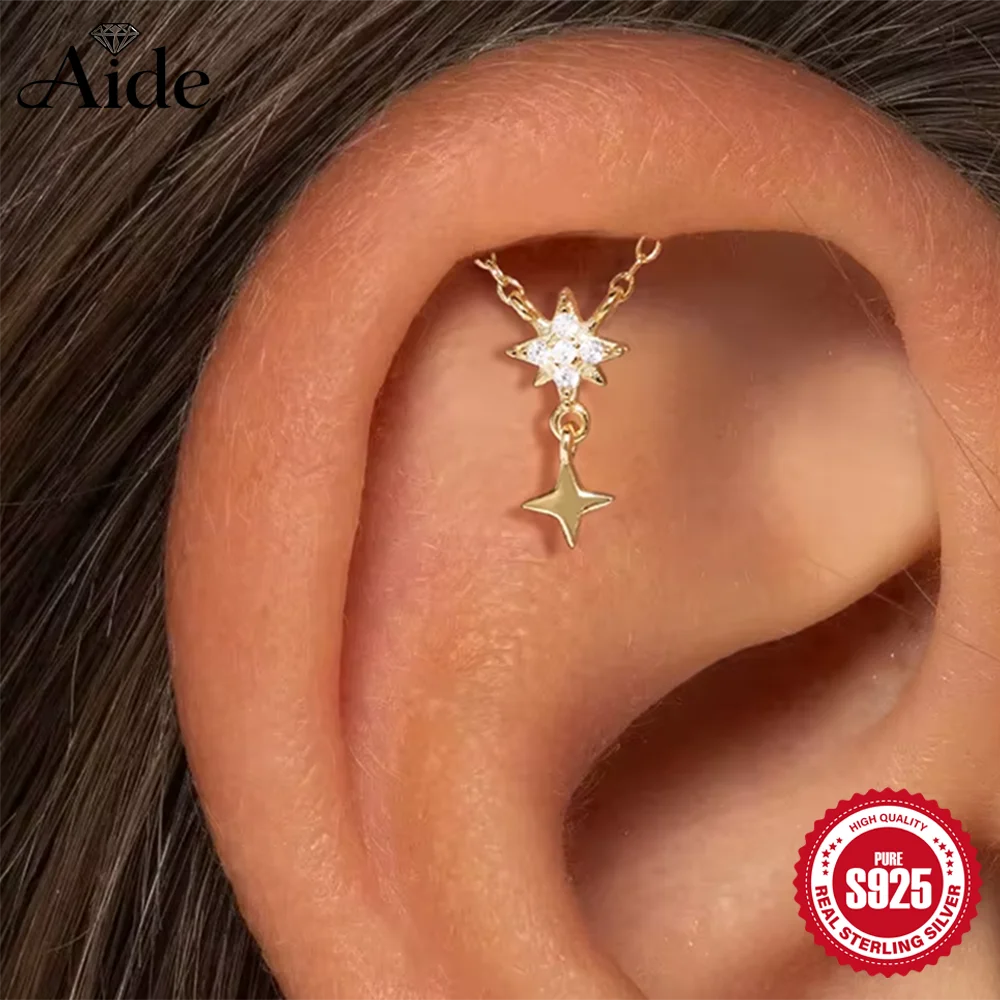 AIDE 925 Sterling Silver Shiny Star Pendant Tassel For Women Flat Back Vertical Octagonal Star Piercing Earring Fine Jewelry