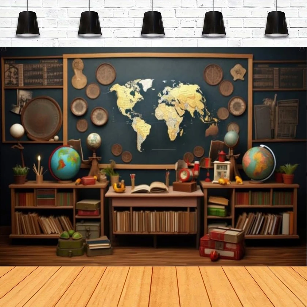 Back To School Photography Backdrop Classroom Decorations World Map Bookshelf Globe Background Kids Study Bedroom  Decor Banner