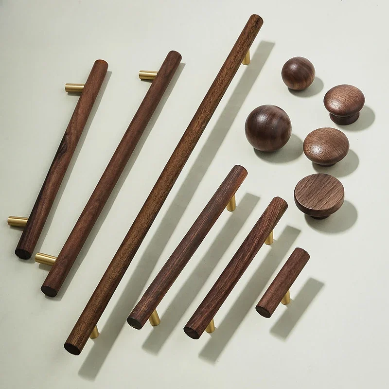 Brass Japanese Style Walnut Wood Handle Wardrobe Hardware Handles for Furniture Cabinet Knobs and Handles Door Knobs